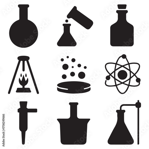 Collection of black silhouette icons representing scientific laboratory equipment and chemical reactions for research and education