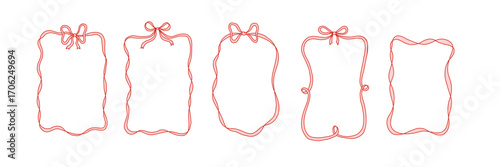 Collection of hand drawn ribbon bow frames in coquette style. Cute decorative borders for cards, invitations, planners, scrapbooking, packaging design, digital projects, and social media