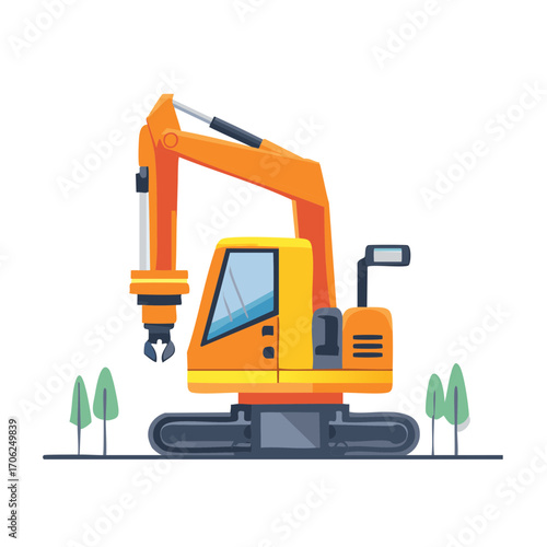 Orange and yellow construction excavator with a grapple grabber attachment industrial heavy equipment vector illustration
