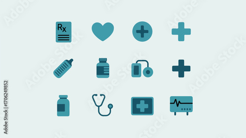Medical icons prescription heart plus signs thermometer bottle stethoscope monitor health healthcare
