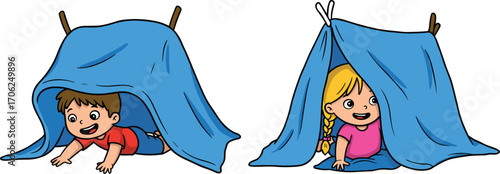 Happy cartoon boy and girl playing in indoor blanket forts, creative childhood fun illustration for kids, playtime, and imagination themes.
