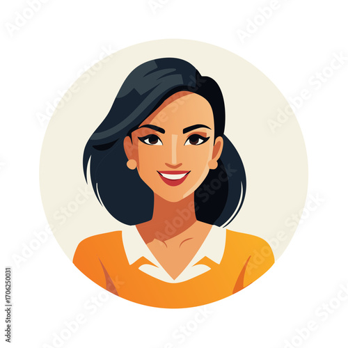 Cheerful professional woman avatar illustration with dark hair and friendly smile