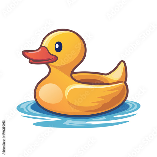 Cute yellow rubber ducky bath toy floating on water. Simple cartoon vector illustration.