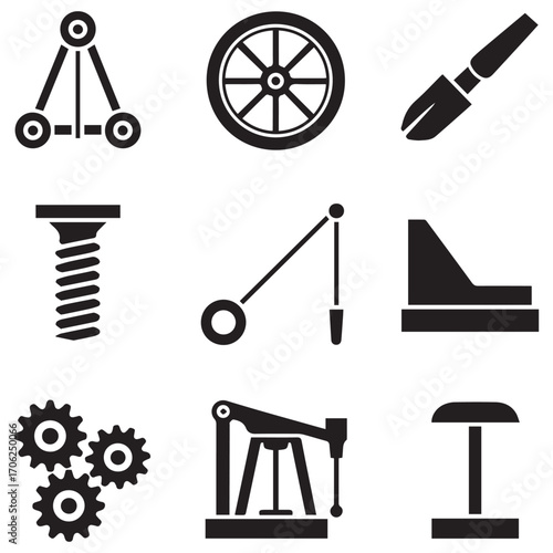 Collection of nine black and white engineering and mechanical icons representing various tools and components