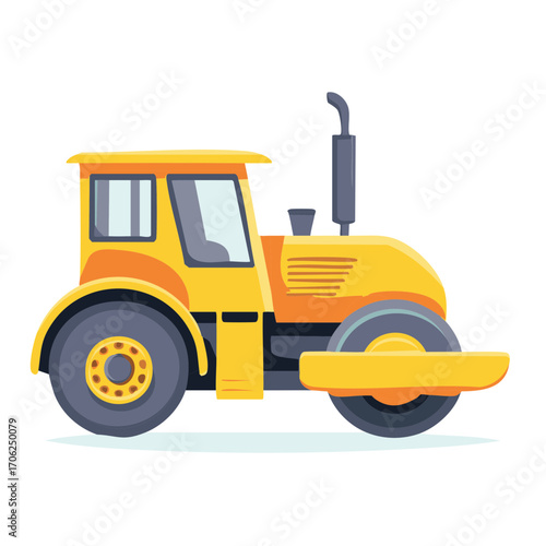 Cartoon style Yellow Road Roller illustration, heavy construction and soil compactor vehicle on white background