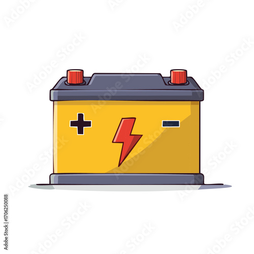 Cartoon car battery with lightning bolt symbol and plus minus signs
