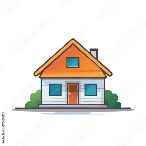 Cartoon illustration of a house with orange roof and green bushes.