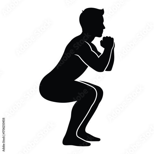 Silhouette of a man performing a deep squat exercise for fitness and strength training. silhouette