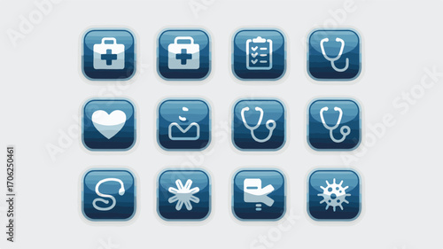 Medical symbols in blue squares healthcare icons