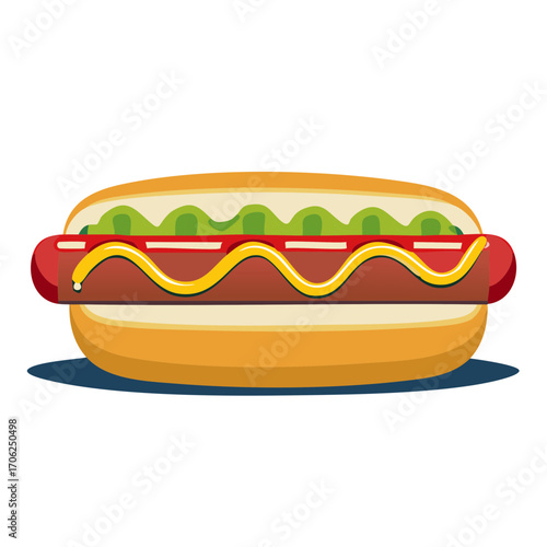 Vector illustration of a classic American hot dog with mustard and relish