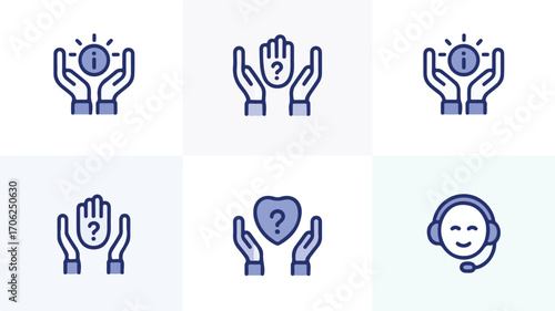 Six minimalist icons depicting hands holding information question marks and a smiling face with headset