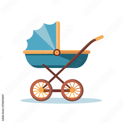 Charming Blue and Beige Baby Stroller Illustration for Newborn Products and Childcare Imagery