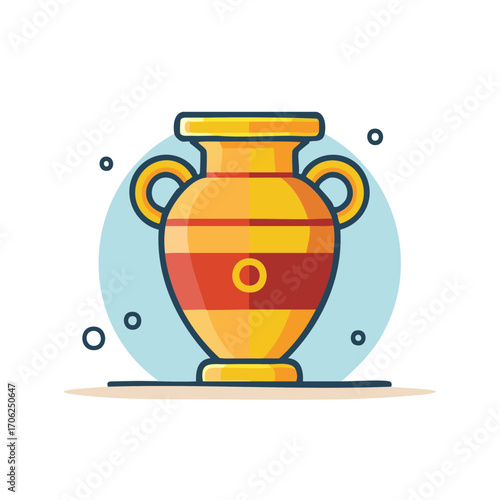 Ornate orange and red vase with handles on a blue background, illustration