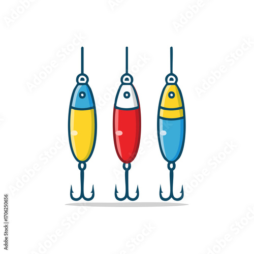 Three colorful fishing lures with hooks hanging isolated on white background