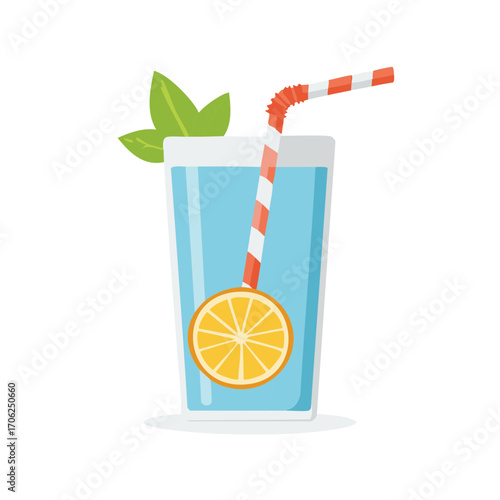 Refreshing blue drink with orange slice and mint leaves in tall glass with striped straw