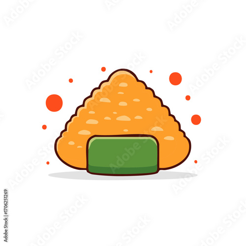 Cartoon Onigiri Rice Ball with Green Nori Seaweed and Orange Bubbles