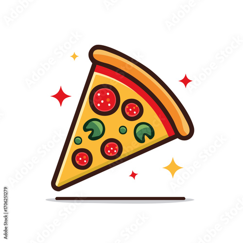 Delicious Pizza Slice with Pepperoni and Basil Toppings, Appetizing Food Icon, Vector Illustration