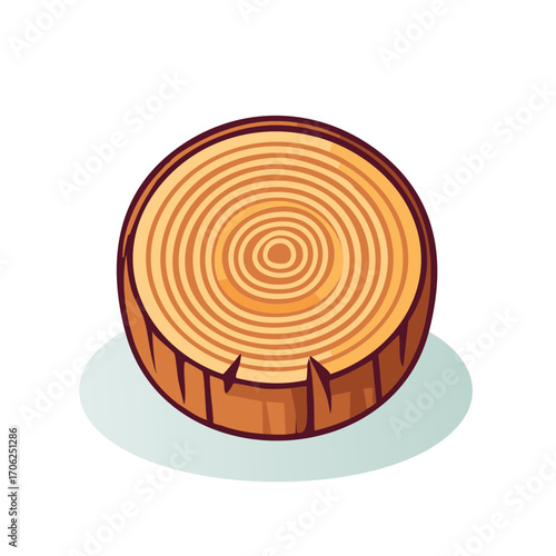 Stylized vector illustration of a round wood slice with tree rings and bark