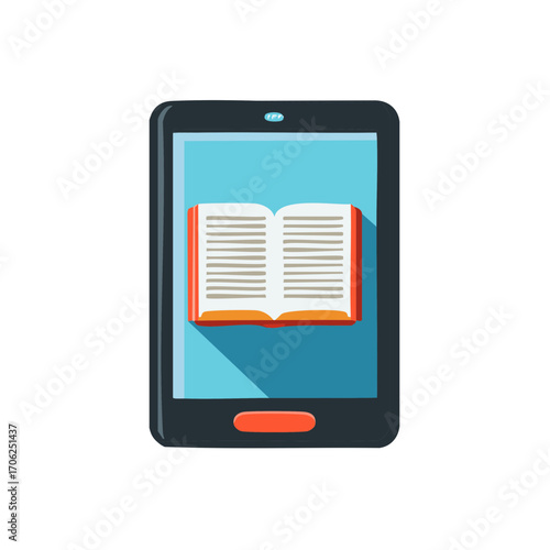 E-reading concept illustration with an open book icon on a smartphone screen for a digital library