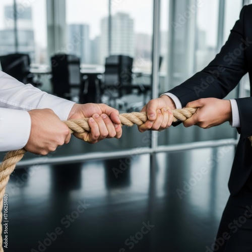 Two businessmen engaged in a tug of war competition in a modern office setting.