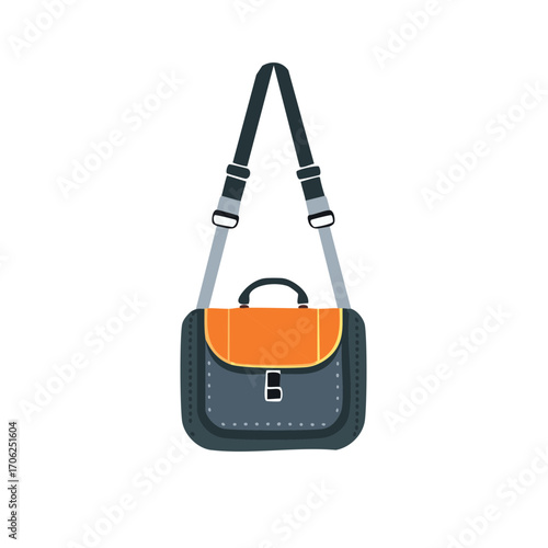 Stylish messenger bag design on white canvas with orange and gray detail