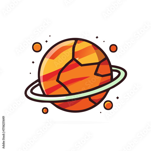 Stylized orange planet with rings and moons in a cosmic scene