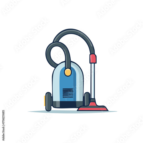 Modern blue vacuum cleaner with hose and nozzle, isolated vector illustration