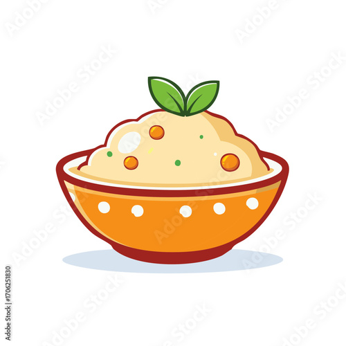 Cute cartoon illustration of a bowl of food with fresh leaf garnish isolated icon
