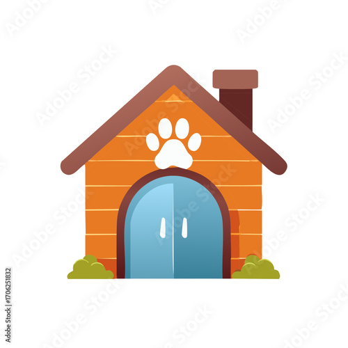 Adorable wooden dog house with a prominent paw print symbol and small bushes