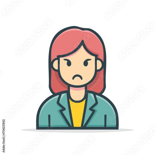 Flat design illustration of an angry woman avatar with a furrowed brow expressing frustration or dissatisfaction.