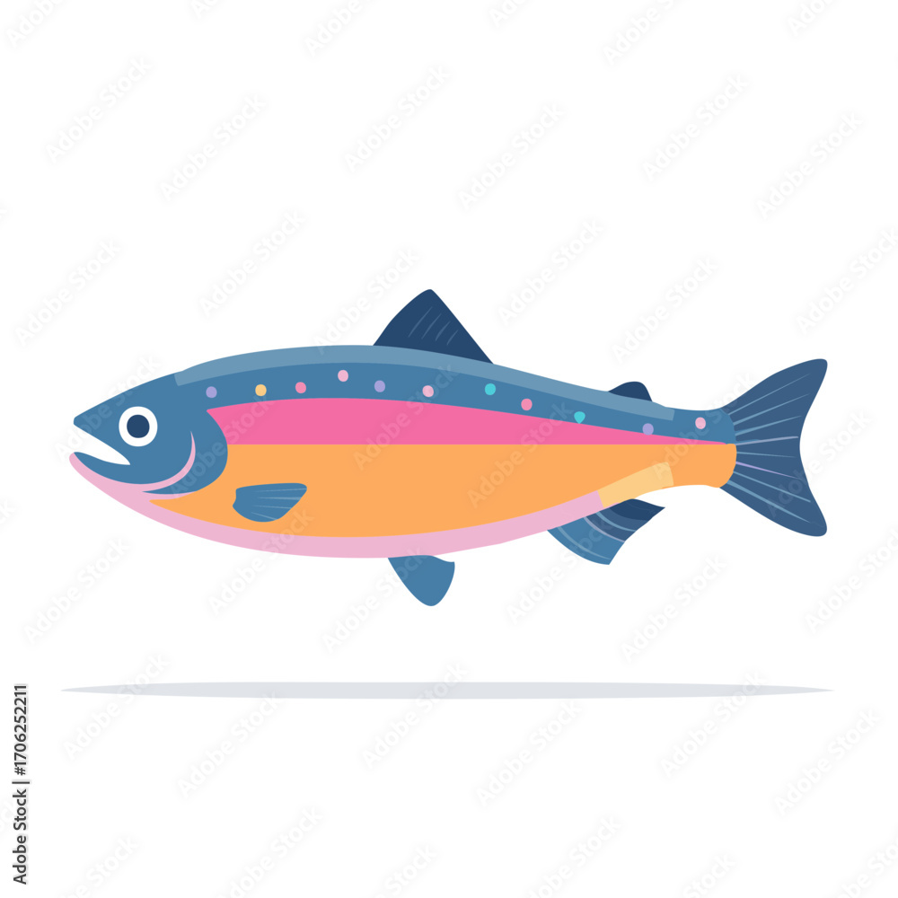 Naklejka premium Illustration of a rainbow trout with vibrant colors, fish biology artwork, colorful trout with spotted back design, flat vector image of colorful trout
