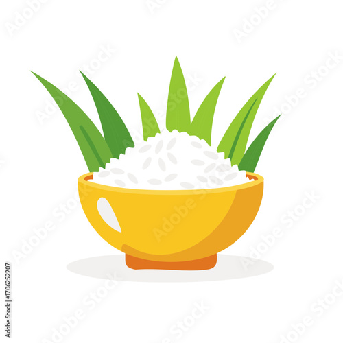 Bowl of rice with green leaves, isolated on white background