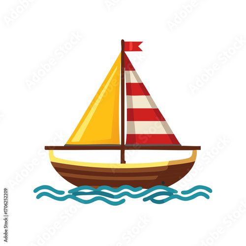 Cartoon Sailboat Sailing on Blue Waves