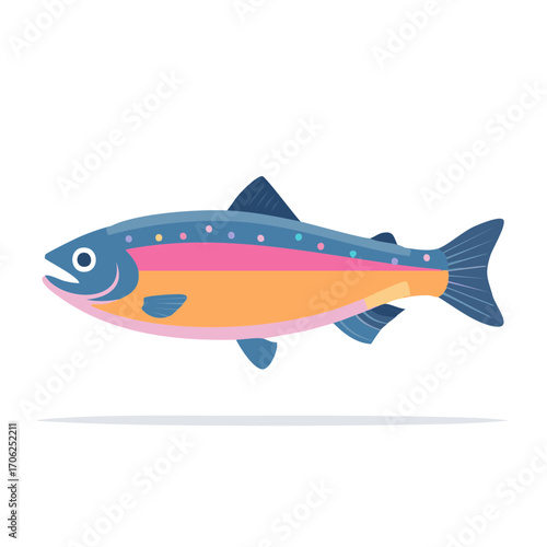 Illustration of a rainbow trout with vibrant colors, fish biology artwork, colorful trout with spotted back design, flat vector image of colorful trout