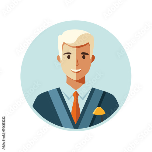 Smiling businessman in a blue circle portrait. Illustration of a confident person