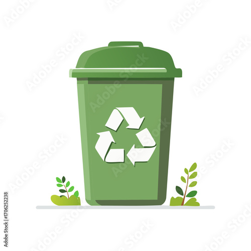 Green recycling bin with universal symbol and growing plants for eco-friendly waste management