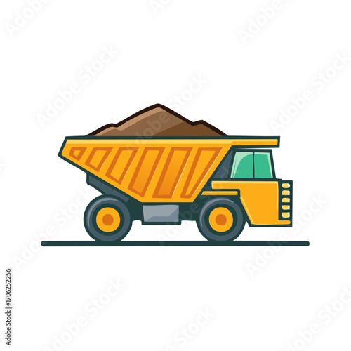 Yellow mining dump truck loaded with dirt, illustration