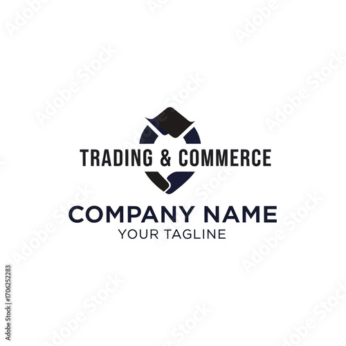 A modern logo design for a trading and commerce company, featuring an abstract dark blue shield-like icon with two opposing elements, accompanied by placehol...