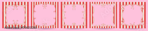 Set of vintage Christmas coquette frame templates set with wavy bows and striped background. Vector illustration of ribbon frames with shabby texture. Holiday clipart in retro whimsical aesthetic