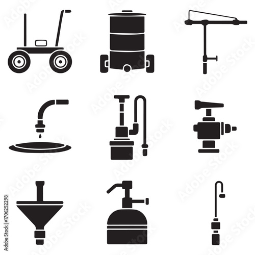 Collection of nine black and white silhouette icons representing various tools and equipment for plumbing and liquid transfer applications
