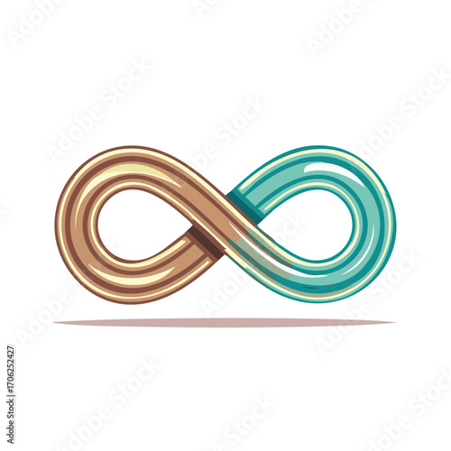 Stylized infinity symbol with flowing metallic bands of brown and teal
