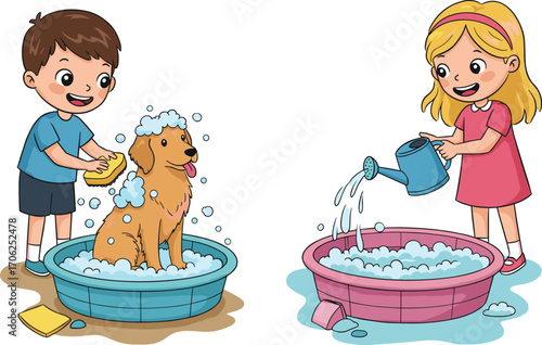 kids, dog, washing, water, soap, sponge, tub, girl, boy, bubbles, pet, summer, play, cleaning, happy