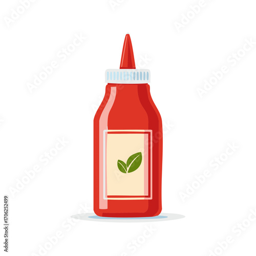 Red ketchup bottle with green leaf logo isolated on white background