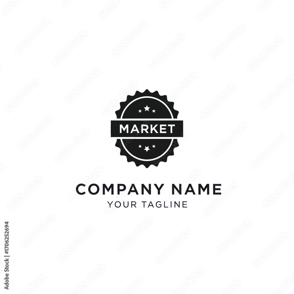Fototapeta premium A black and white vintage-style logo template for a market, featuring a circular seal with stars.