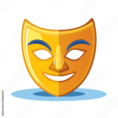 Golden Smiling Drama Mask with Blue Accents on Eyebrows Vector Illustration