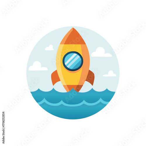 Yellow and orange cartoon rocket blasting off from blue ocean waves under sky with clouds