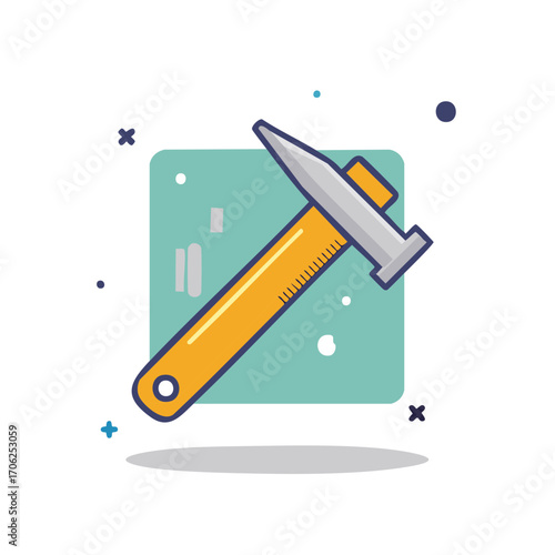 Modern flat design hammer tool icon with yellow handle, depicting construction, repair, or geological work.