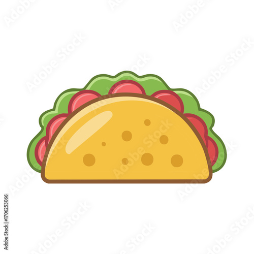 Cartoon illustration of a taco. Contains lettuce, tomato, and tortilla.