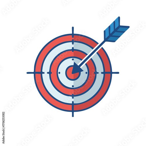 Bullseye target hit directly by a blue arrow symbolizing goal achievement and accuracy