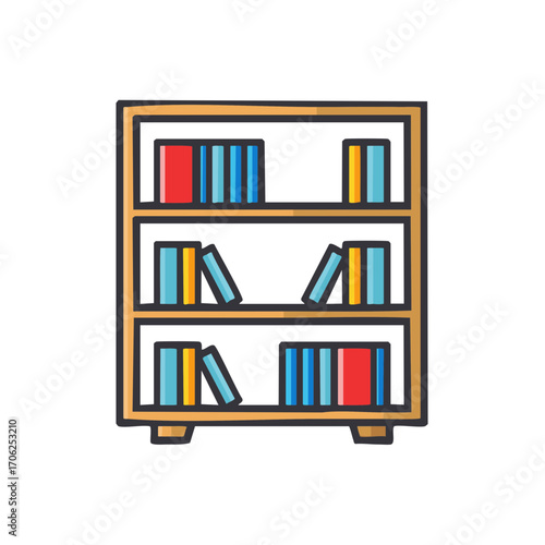 Simple cartoon illustration of a wooden bookshelf filled with colorful books